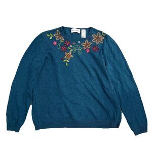 VINTAGE Alfred Dunner Wildflower Sweater Embroidered Blue M Medium Grandmacore